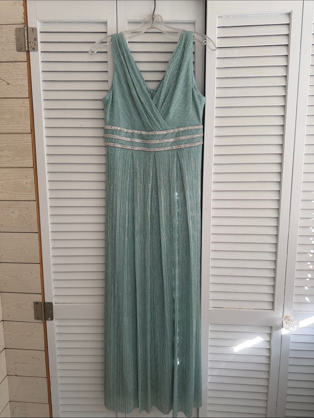 R&M Richards Mint Green Sleeveless Pleated Evening Gown with Beaded Waist